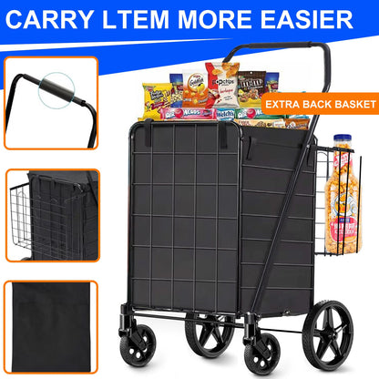 Camkey Folding Shopping Cart, Utility Trolley Grocery Cart with Removable Basket and Swivel Wheel, Black