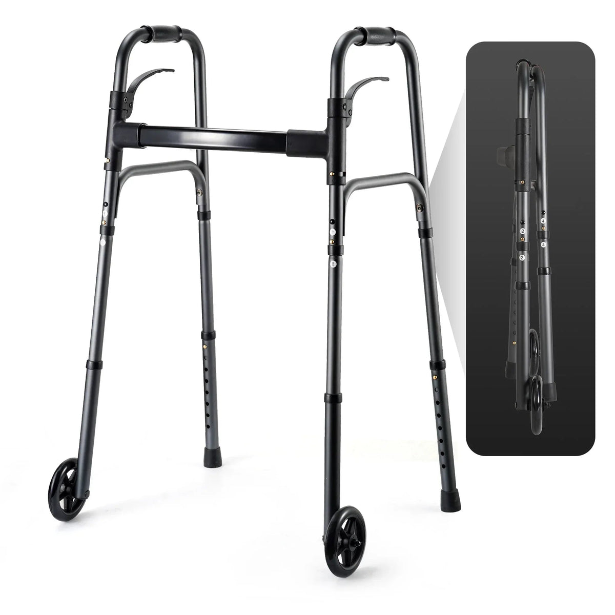 Naipo Compact Folding Walker for Seniors & Adults, Deluxe Lightweight Mobility Aids Walker with 5" Wheels and Trigger Release up to 300 lbs, Aluminium