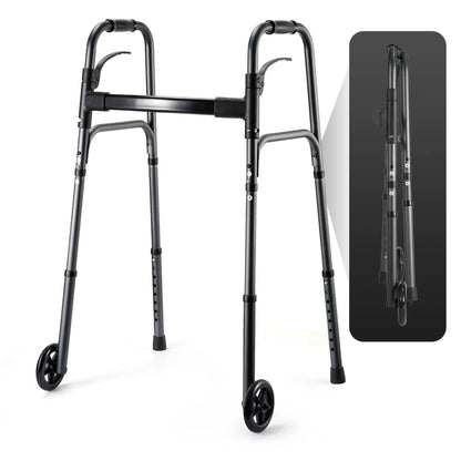 Naipo Compact Folding Walker for Seniors & Adults, Deluxe Lightweight Mobility Aids Walker with 5" Wheels and Trigger Release up to 300 lbs, Aluminium