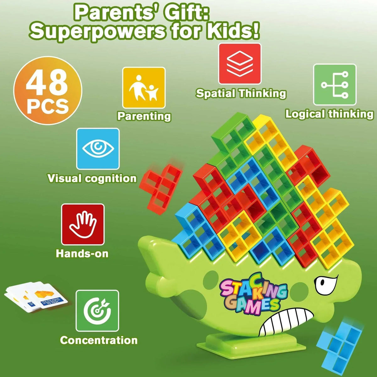 PBALPADL Dinosaur Balance Stacking Blocks by Lktvy. 48PCS Educational STEM Toy for Kids Ages 3+, Safe ABS Construction, Fun Family Game for Focus & Fine Motor Skills