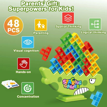 PBALPADL Dinosaur Balance Stacking Blocks by Lktvy. 48PCS Educational STEM Toy for Kids Ages 3+, Safe ABS Construction, Fun Family Game for Focus & Fine Motor Skills