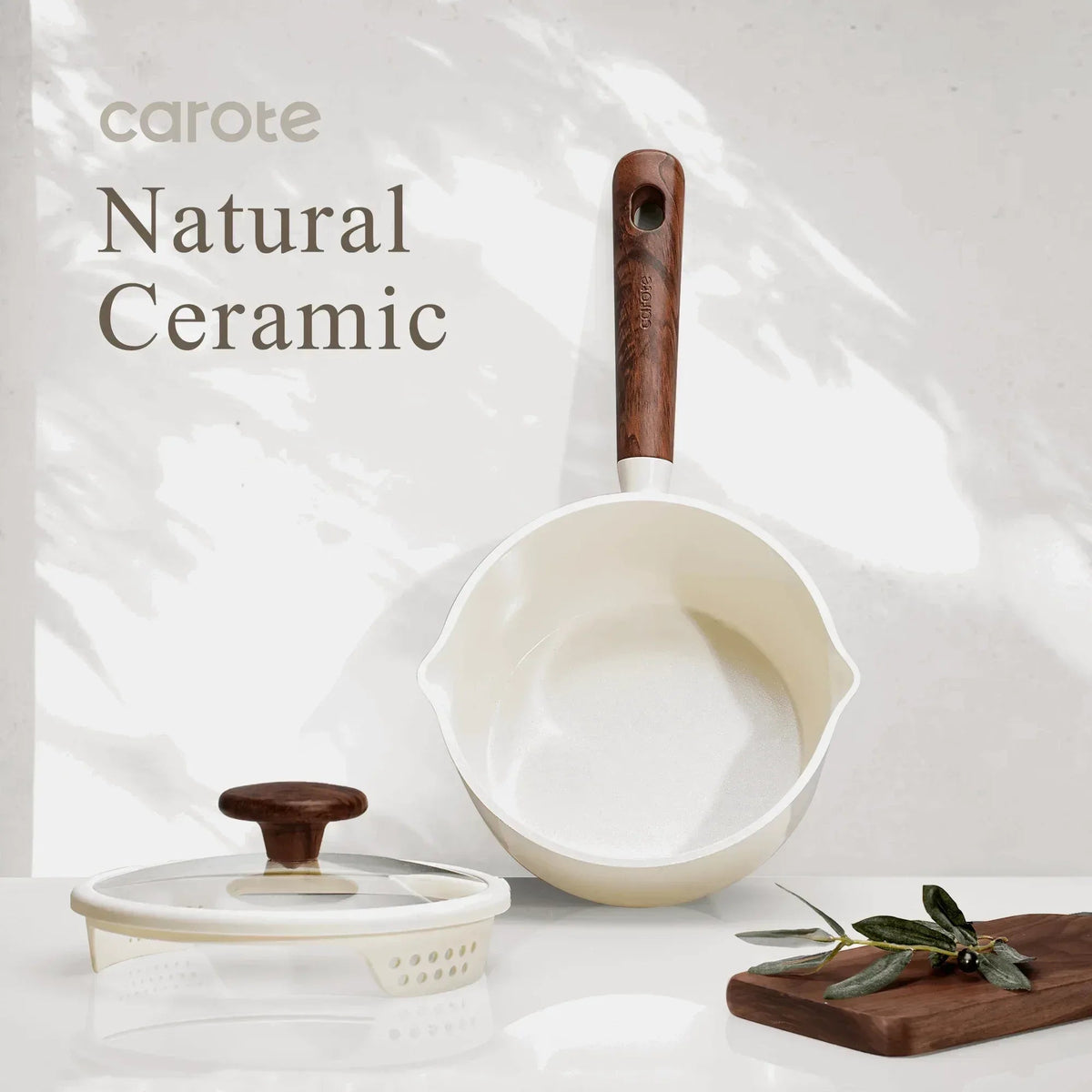 Carote 2QT & 3QT Ceramic Nonstick Saucepan Set with Strainer Lids, Small Cooking Pot, Induction Compatible, White