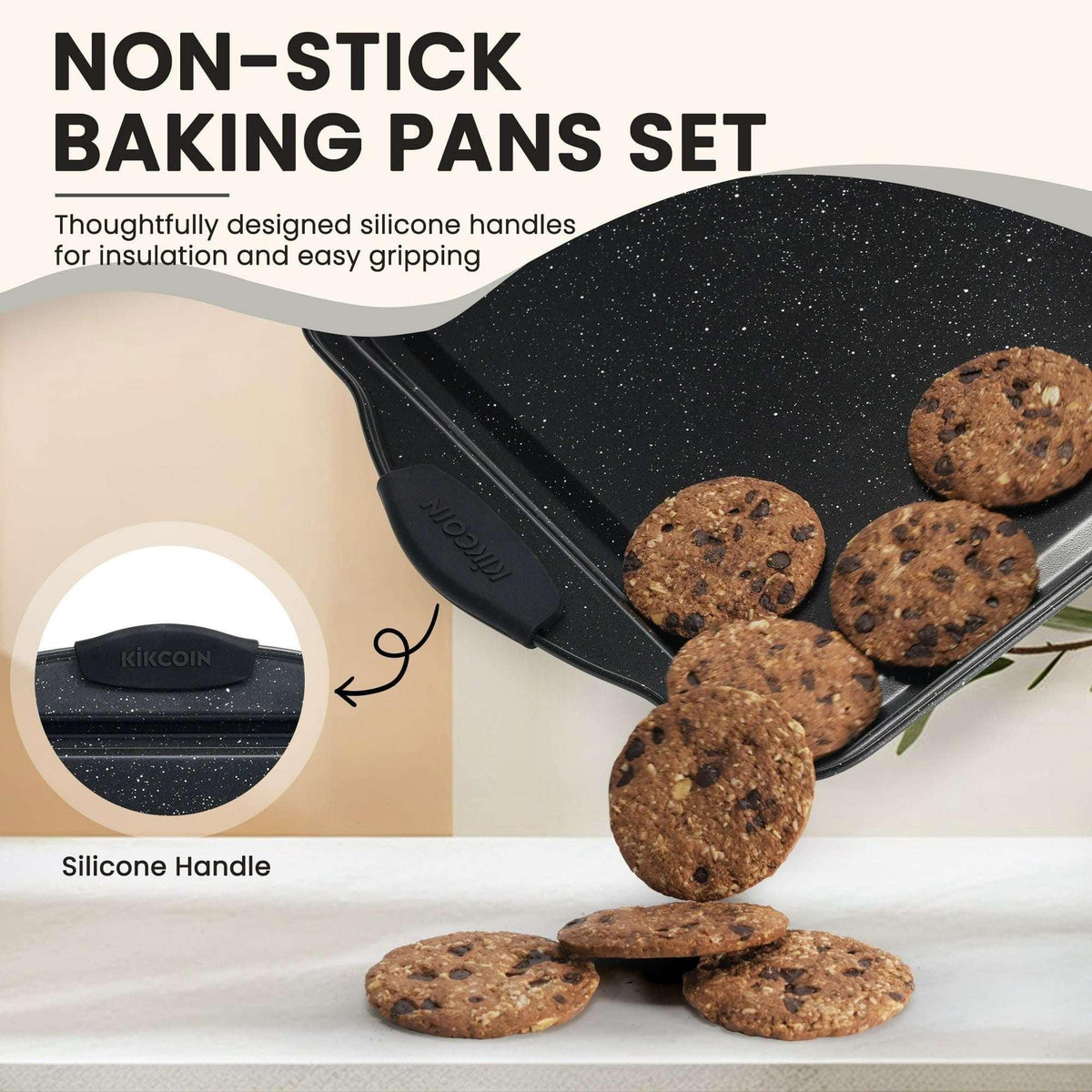 Kikcoin Bakeware Set, 21-Piece Baking Pans Set Kitchen Carbon Steel Baking Sheet Pans with Silicone Handles, Cookie Sheets Nonstick(Beige)