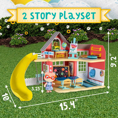 Honey Bee Acres Sunshine Meadow School – 21 Piece Miniature Dollhouse with Accessories & Exclusive Fox Figure – Pretend Play Set for Kids Ages 3+