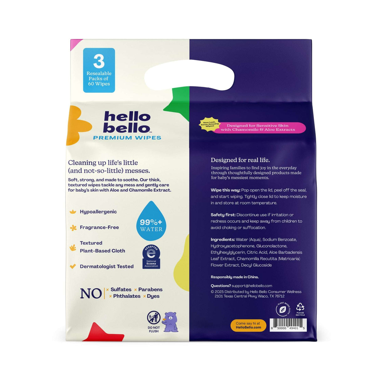 Hello Bello Premium Fragrance-Free Baby Wipes, 3 Flip-Top Pouches (180 Total Wipes)