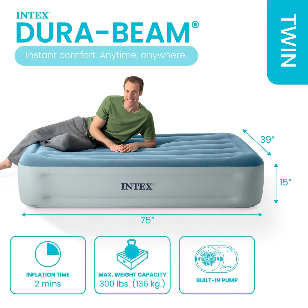 Intex 15" Twin Essential Rest Dura-Beam Airbed Mattress with Built-in Pump