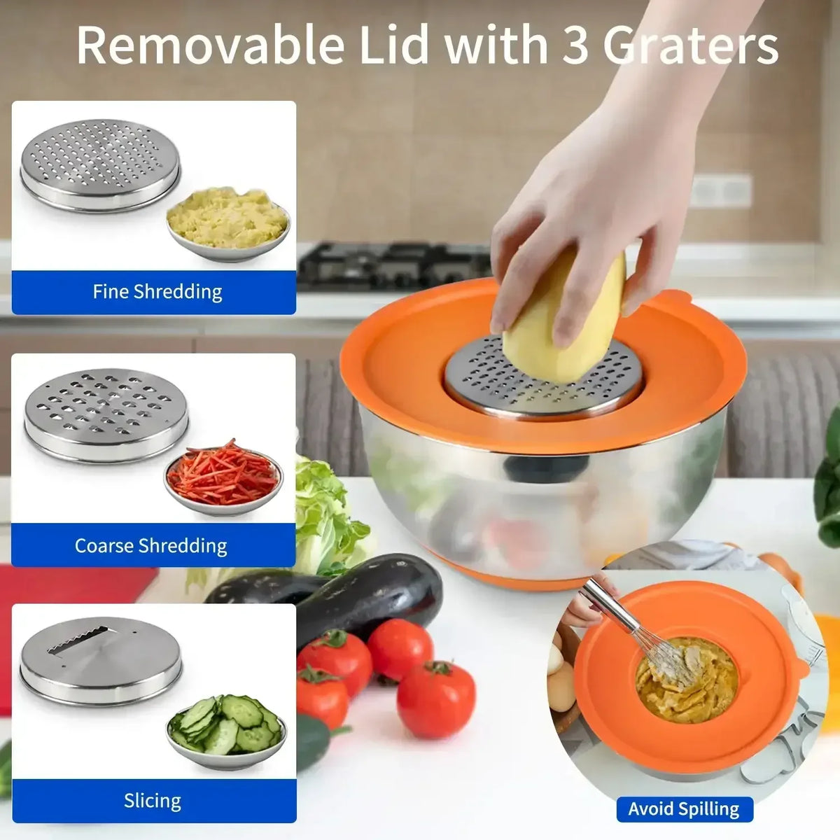 TINANA 26PCS Stainless Steel Mixing Bowls with Lids Set, Nesting Mixing Bowl Set with Non-Slip Bottom Graters Tools Gadgets, 7/4/3.5/2.5/2/1.5QT Metal Salad Bowls for Serving Prepping Baking
