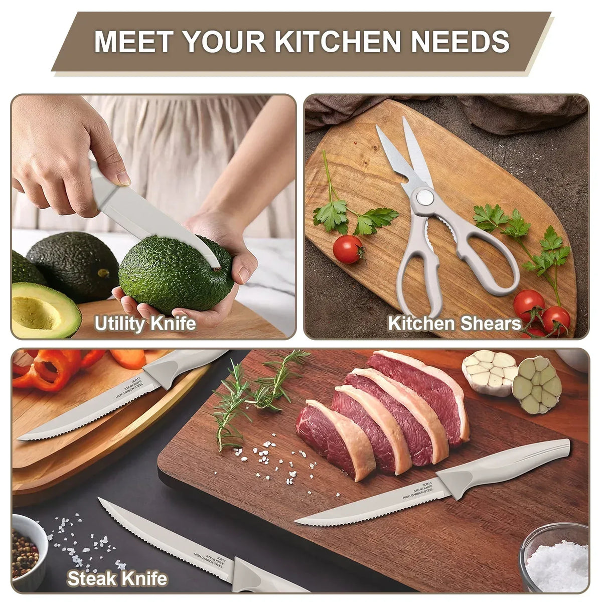 Walchoice 15 Pieces Knife Set with Block, High Carbon Stainless Steel Kitchen Knife Set with Sharpener, Rust Resistant & Dishwasher Safe