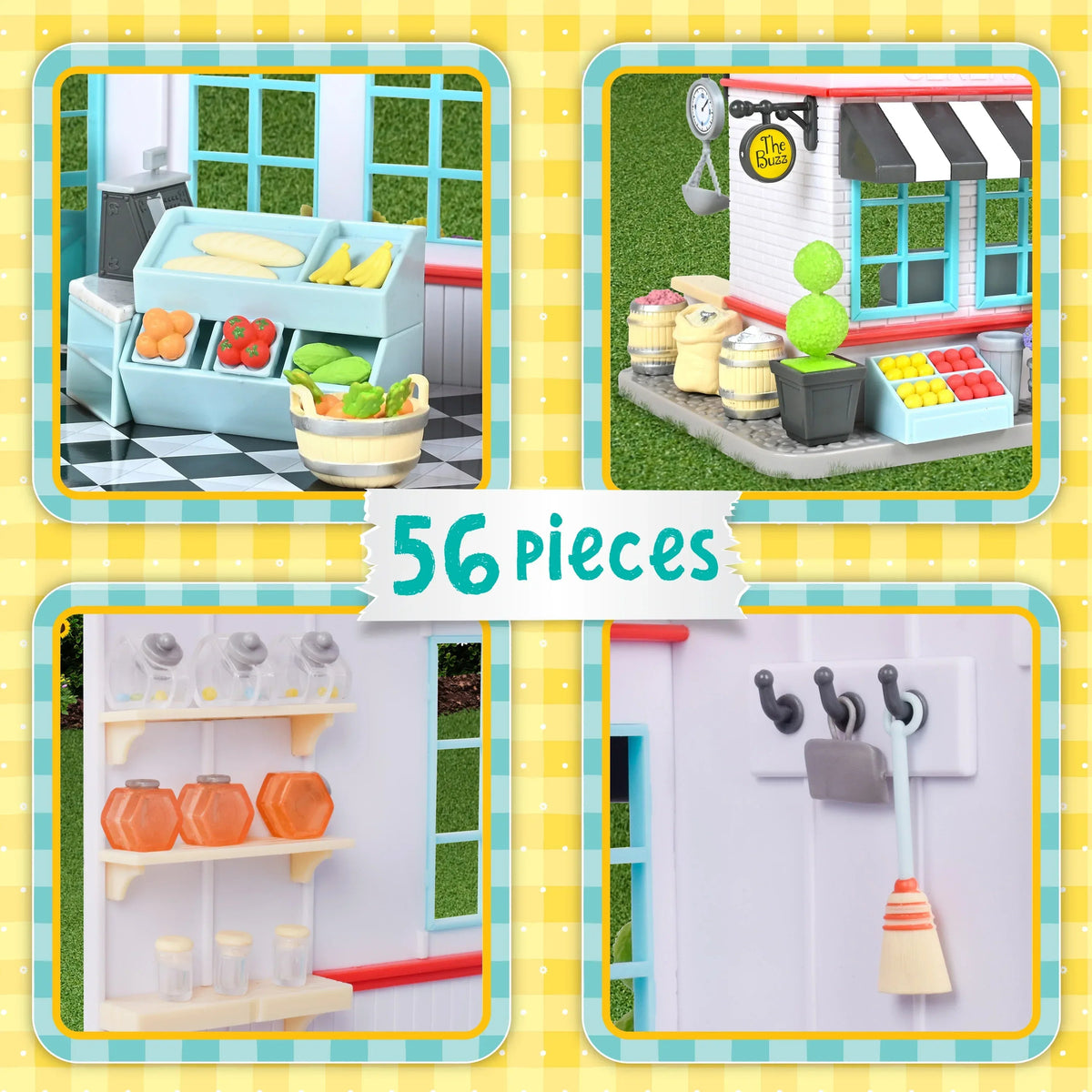 Honey Bee Acres The Buzz General Store - Complete Dollhouse Playset with Miniature Doll Figure, 56 Pieces, Children Ages 3+