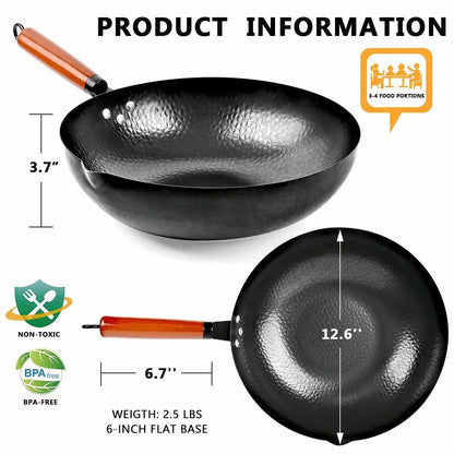 TAIMASI Carbon Steel Wok Pan, 14 Piece Woks & Stir-Fry Pans Set with Wooden Lid & Cookwares, Non-Stick Flat Bottom Chinese Woks Pan for Induction, 12.6''