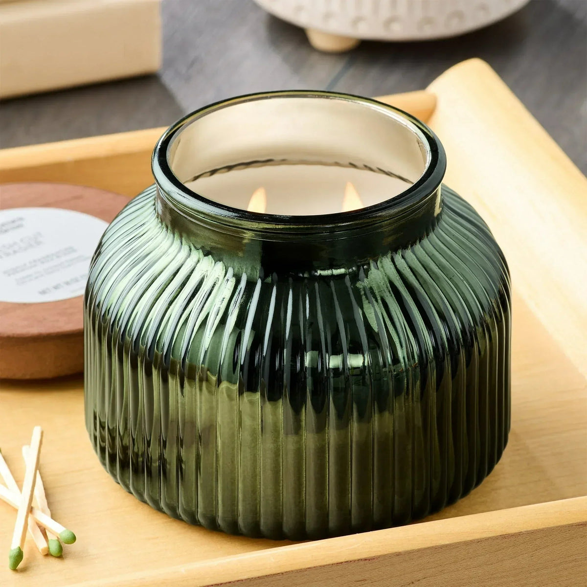 Better Homes & Gardens Scented Cotton 2-Wicks Ribbed Mecury Glass Jar Candle with Wooden Lid 18oz