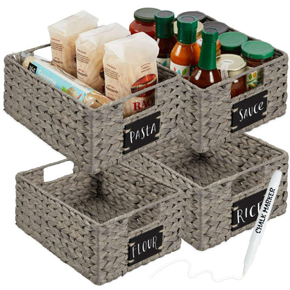 Best Choice Products Set of 4 12in Woven Water Hyacinth Pantry Baskets w/ Chalkboard Label, Chalk Marker