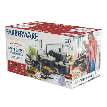 Farberware Easy Clean 20 Pcs Nonstick Cookware Set and Glass Lids with Cooking Tools and Food Storage Containers, Dishwasher Safe
