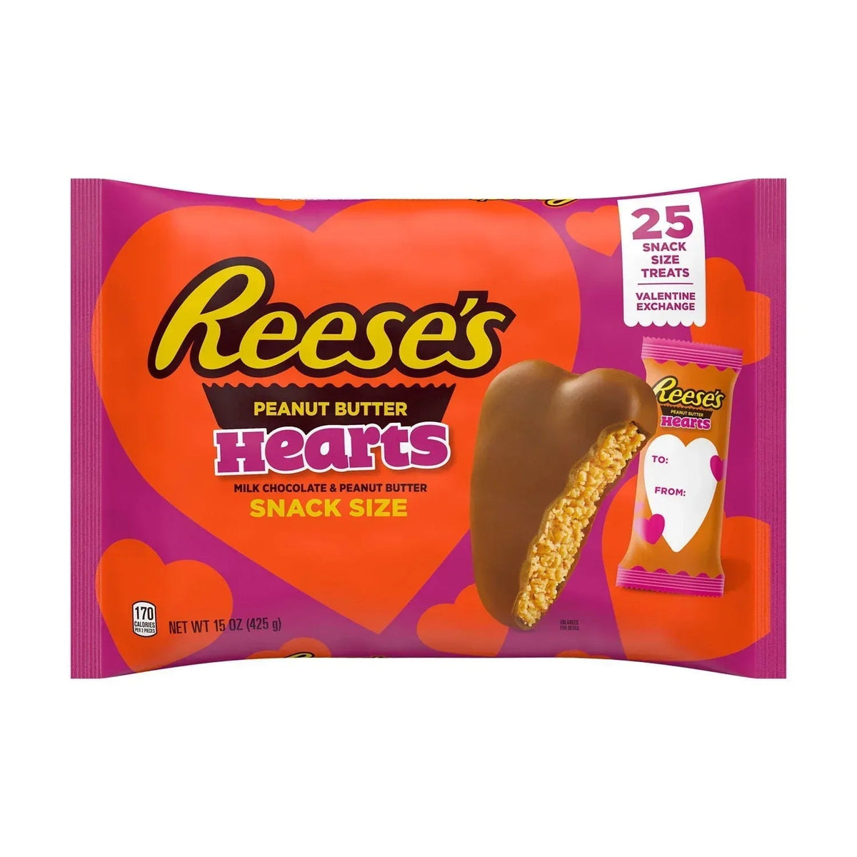 REESE'S Milk Chocolate Snack Size Peanut Butter Hearts, Valentine's Candy Bag, 15 oz (25 Pieces)