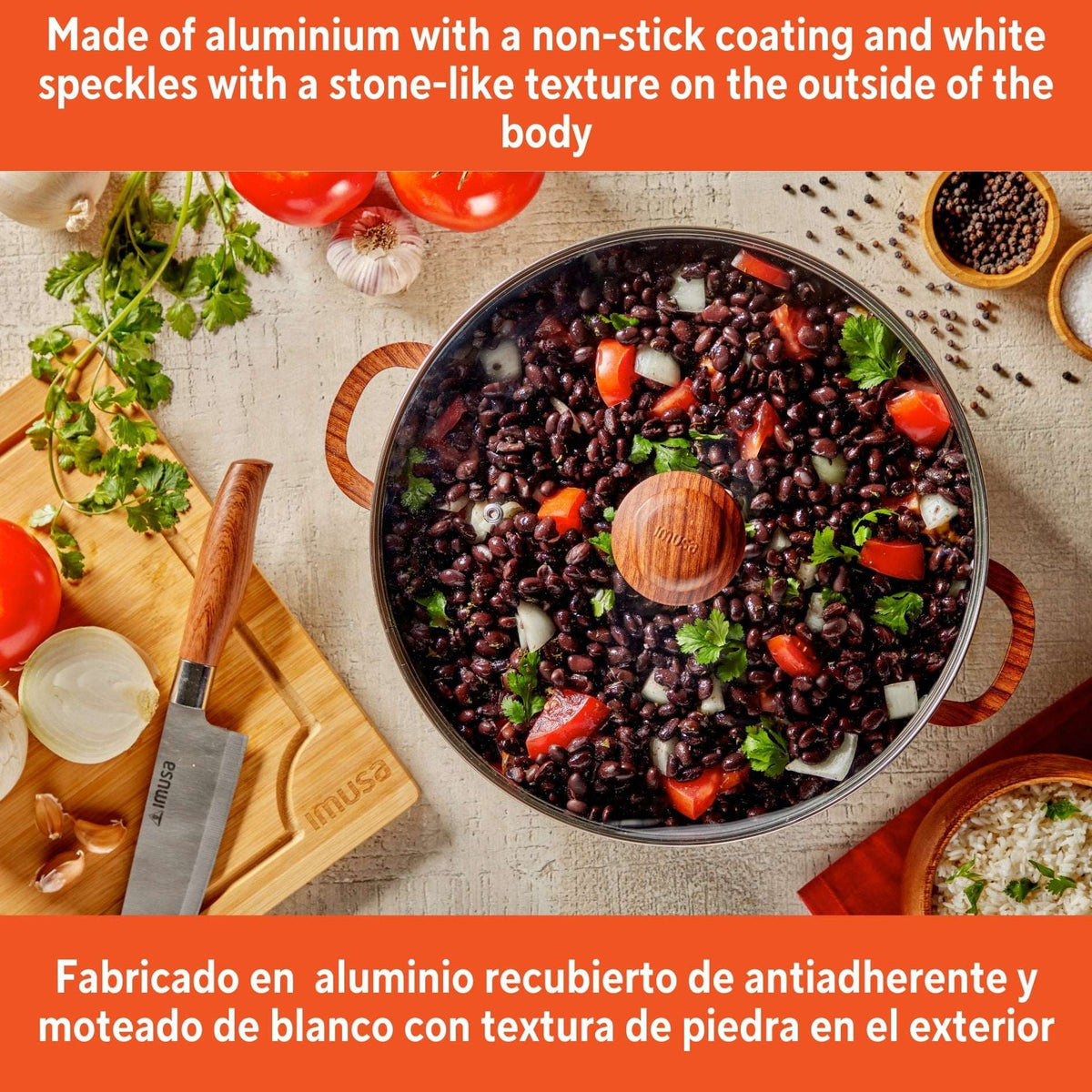 IMUSA 6.9qt Black Stone Aluminum Speckled Nonstick Caldero with Glass Lid & Wood Look Handles, Black