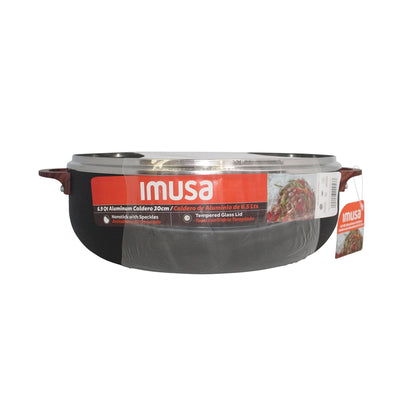 IMUSA 6.9qt Black Stone Aluminum Speckled Nonstick Caldero with Glass Lid & Wood Look Handles, Black