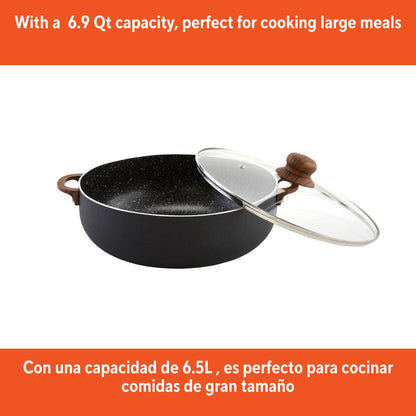 IMUSA 6.9qt Black Stone Aluminum Speckled Nonstick Caldero with Glass Lid & Wood Look Handles, Black