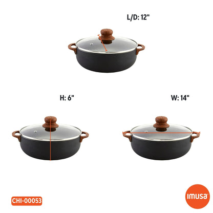 IMUSA 6.9qt Black Stone Aluminum Speckled Nonstick Caldero with Glass Lid & Wood Look Handles, Black