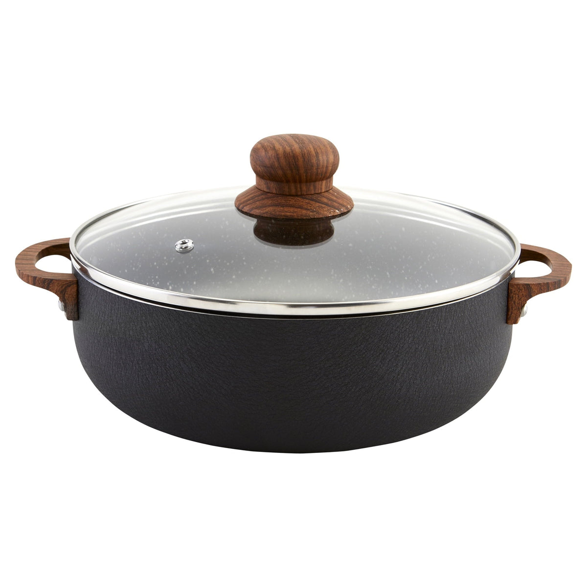 IMUSA 6.9qt Black Stone Aluminum Speckled Nonstick Caldero with Glass Lid & Wood Look Handles, Black