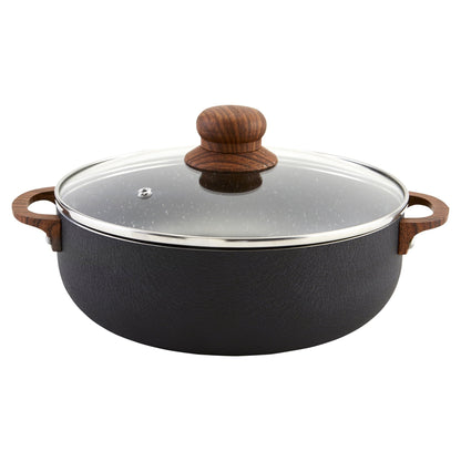 IMUSA 6.9qt Black Stone Aluminum Speckled Nonstick Caldero with Glass Lid & Wood Look Handles, Black