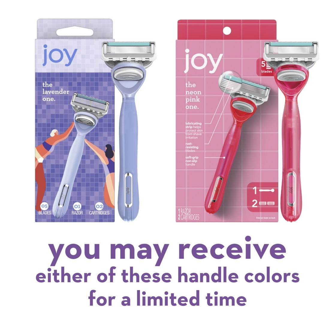 joy Razor for Women, 5 Blades, Manual Razor, Handle and 2 Razor Blade Refills, Neon Pink