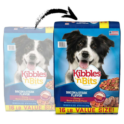 Kibbles 'n Bits Dry Dog Food for Adult Dogs, Savory Bacon & Steak Flavor, 16 lb. Bag