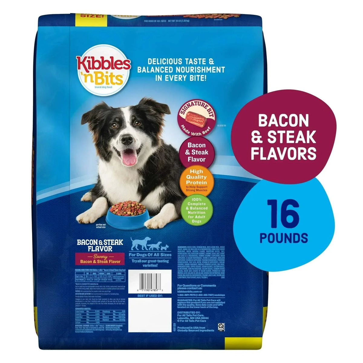 Kibbles 'n Bits Dry Dog Food for Adult Dogs, Savory Bacon & Steak Flavor, 16 lb. Bag