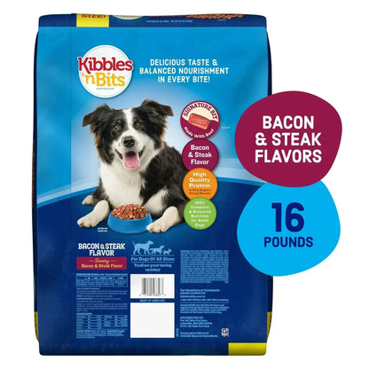 Kibbles 'n Bits Dry Dog Food for Adult Dogs, Savory Bacon & Steak Flavor, 16 lb. Bag