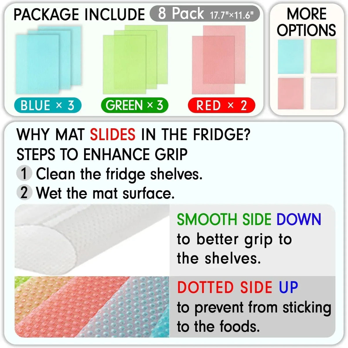 Refrigerator Liners, Maynest Washable Mats Covers Pads, Home Kitchen Gadgets Accessories Organization for Top Freezer Glass Shelf Wire Shelving Cupboard Cabinet Drawers (3 Blue+3 Green+2 Red)