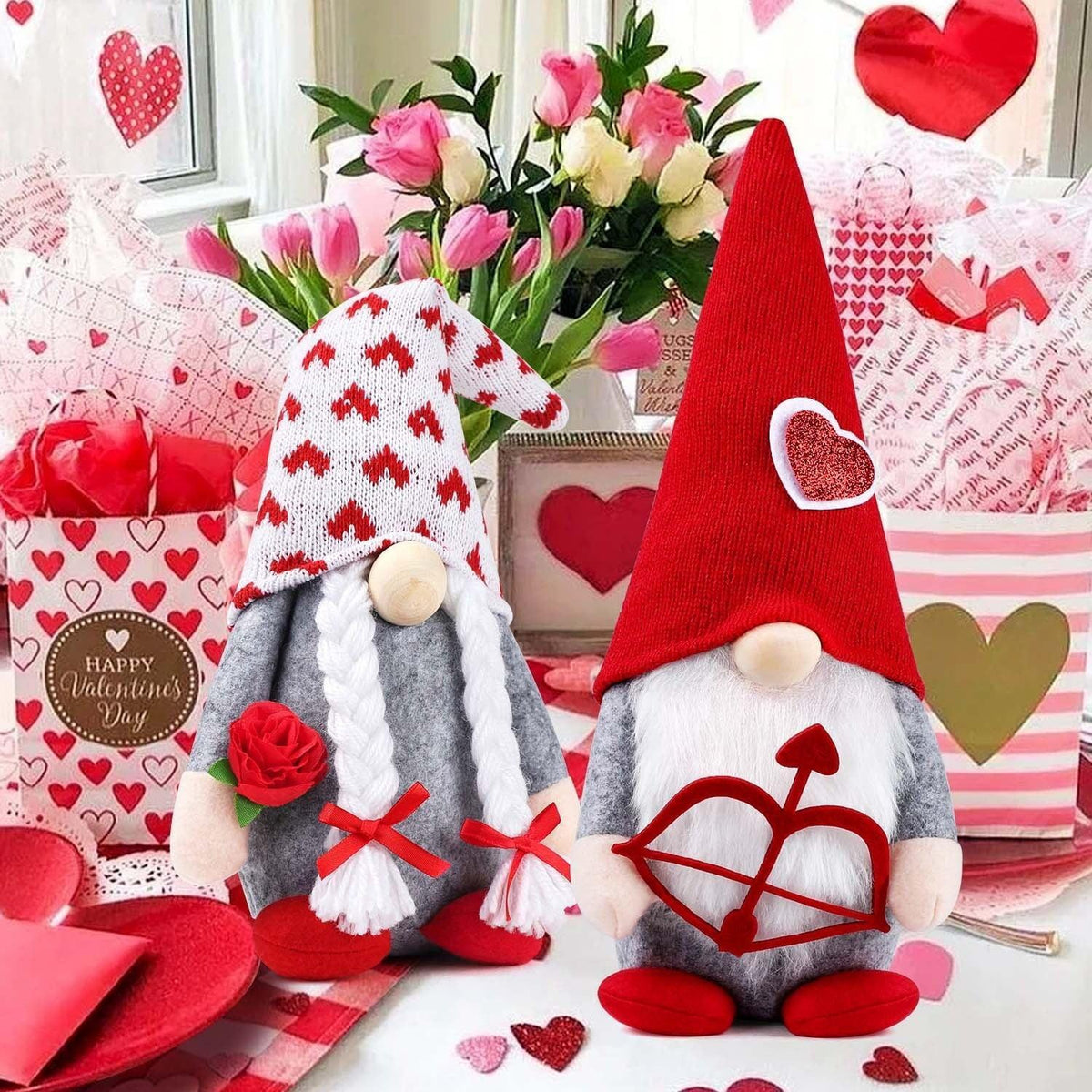 Ayieyill Valentines Day Decor 2pcs Valentine Gnomes Plush Valentines Day Decoration Valentines Home Table Decor Scandinavian Tomte Elf Gnomes Ornaments Sweet Valentines Day Gifts for Him Her