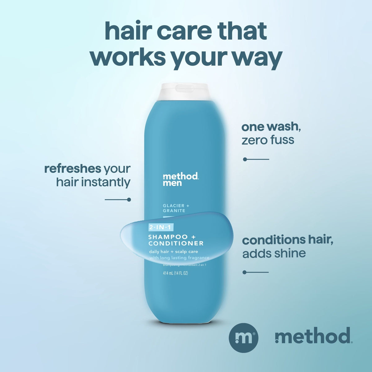 method Men 2-in-1 Shampoo and Conditioner, Glacier + Granite - Cleans and Conditions with Argan and Jojoba Oil - Made without Parabens - 14 fl oz  (PACK OF 3 )