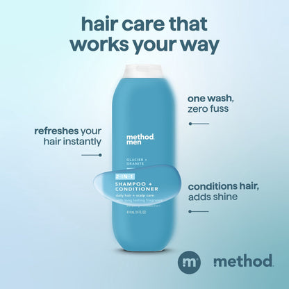 method Men 2-in-1 Shampoo and Conditioner, Glacier + Granite - Cleans and Conditions with Argan and Jojoba Oil - Made without Parabens - 14 fl oz  (PACK OF 3 )