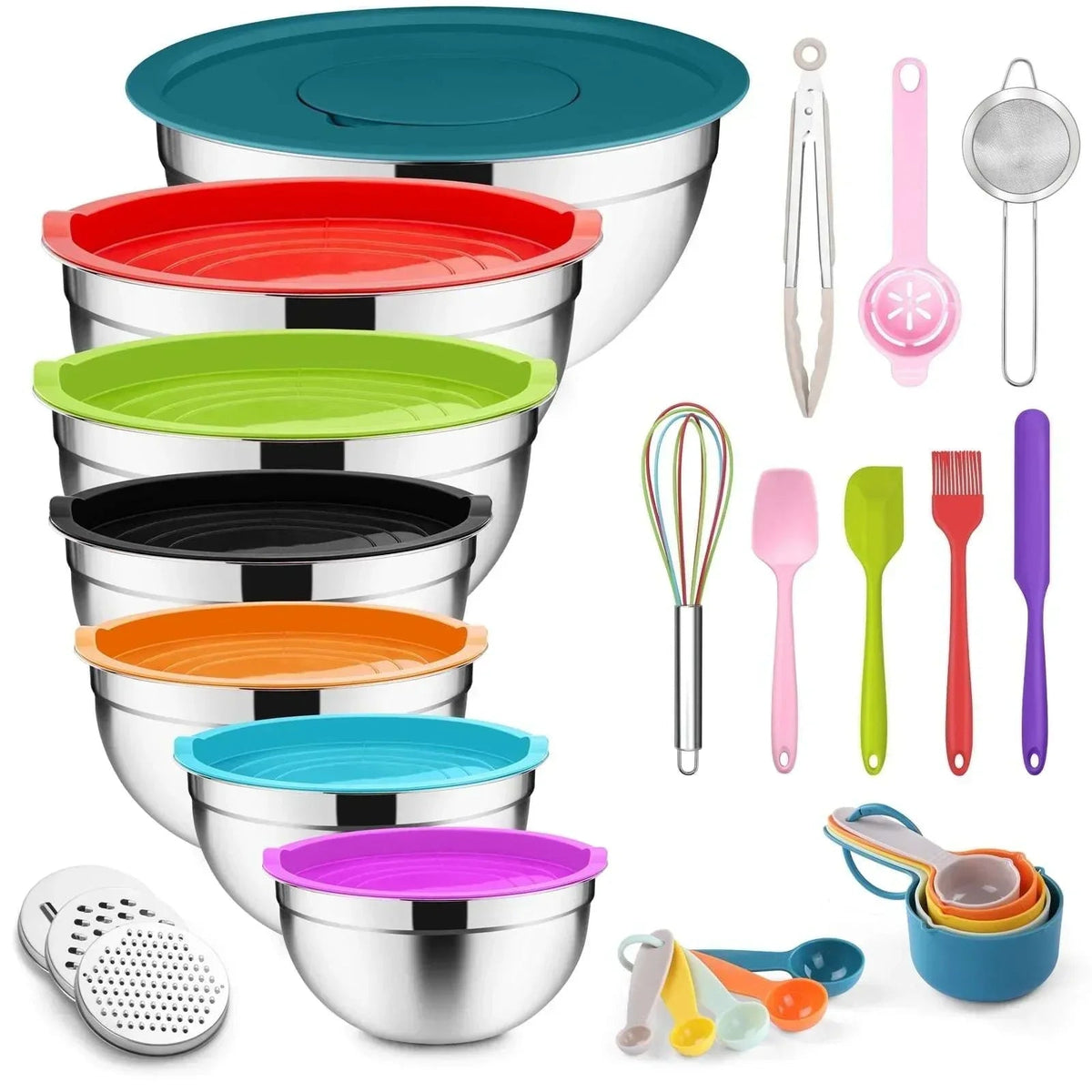 Mixing Bowls with Lids Set of 5, Vesteel Stainless Steel Mixing Bowls Metal Nesting Salad Bowls, Size 4.5, 3, 1.5, 1, 0.7 QT Great for Cooking, Baking, Serving - Blue