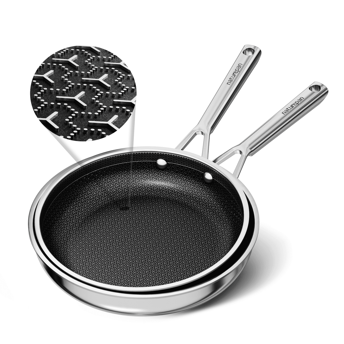 naturepan 3-Ply Hybrid Diamond-Titanium Ceramic Nonstick Frying Pan Set, 3-Piece (8,9.5” & 11”), Stainless Steel Pan, Dishwasher Safe & Oven Safe