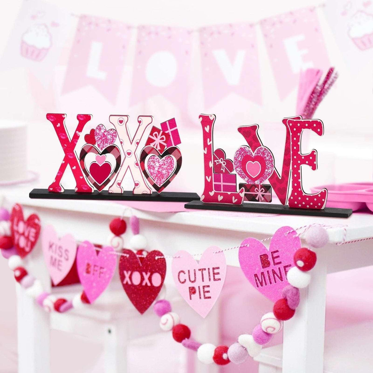 Ayieyill Valentines Day Decorations, 4Pcs Valentines Love Tabletop Decor for Gift Dining Room Table Wedding Anniversary Party Supplies Décor Tray Decor