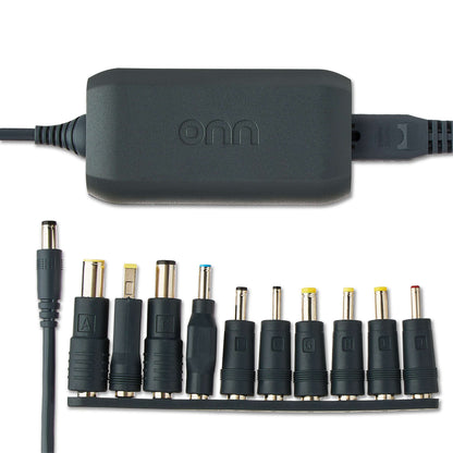 onn 65W Laptop Charger with 10 Interchangeable Tips, 10ft Power Cord, for HP, Dell, Lenovo, Grey
