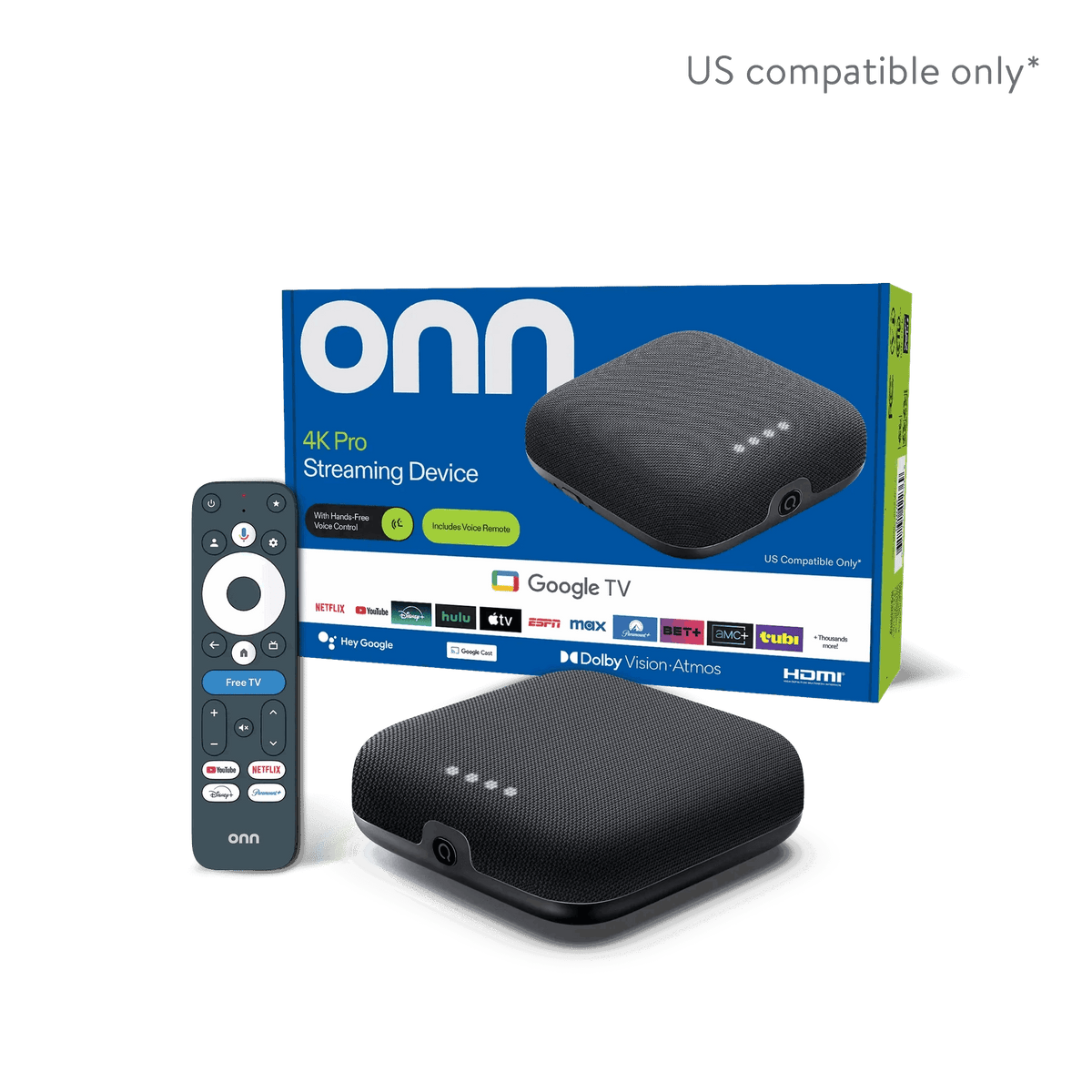 onn 4K Pro Streaming Device, Google TV with Gemini* - Ultra-fast Streaming, Stunning 4K UHD, 32GB Storage, 3GB RAM, Dolby Vision & Atmos, Find My Remote with Backlight, Ethernet Port
