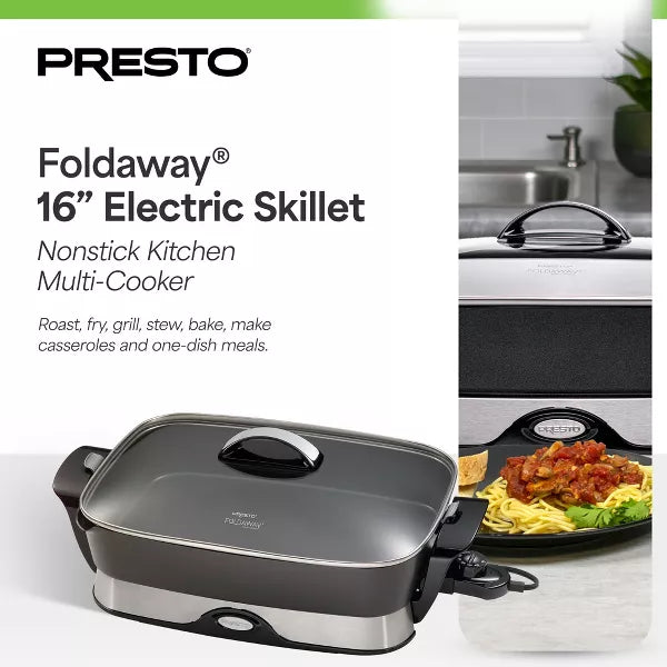 Presto Electric Skillet with Tempered Glass Lid, Nonstick Foldaway Kitchen Appliance, Electric Pot for Cooking, 16 Inch, Black
