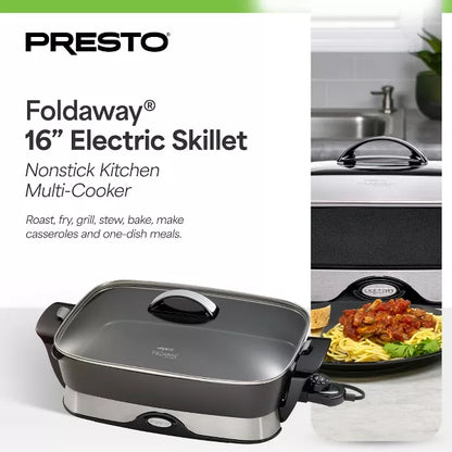 Presto Electric Skillet with Tempered Glass Lid, Nonstick Foldaway Kitchen Appliance, Electric Pot for Cooking, 16 Inch, Black