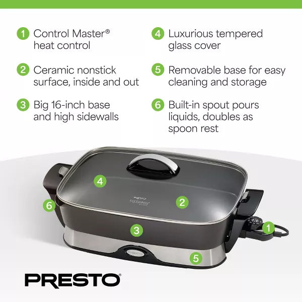 Presto Electric Skillet with Tempered Glass Lid, Nonstick Foldaway Kitchen Appliance, Electric Pot for Cooking, 16 Inch, Black