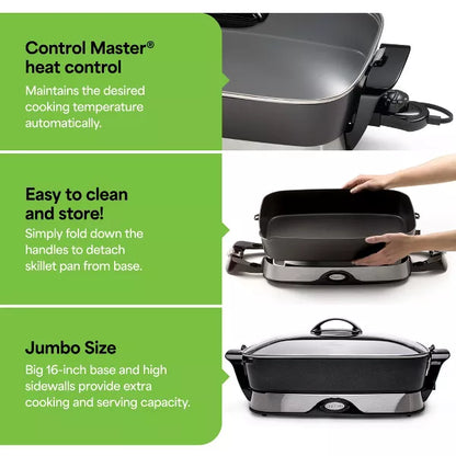 Presto Electric Skillet with Tempered Glass Lid, Nonstick Foldaway Kitchen Appliance, Electric Pot for Cooking, 16 Inch, Black