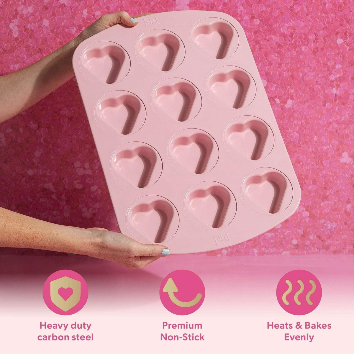 Paris Hilton 12 Cup Mini Heart Pan, Premium Nonstick, Heavy Duty Carbon Steel, Dishwasher Safe, Pink