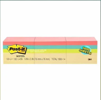 Post-it Notes, 3" x 3", 100 Sheets per Pad, 18 pk. - Pastel