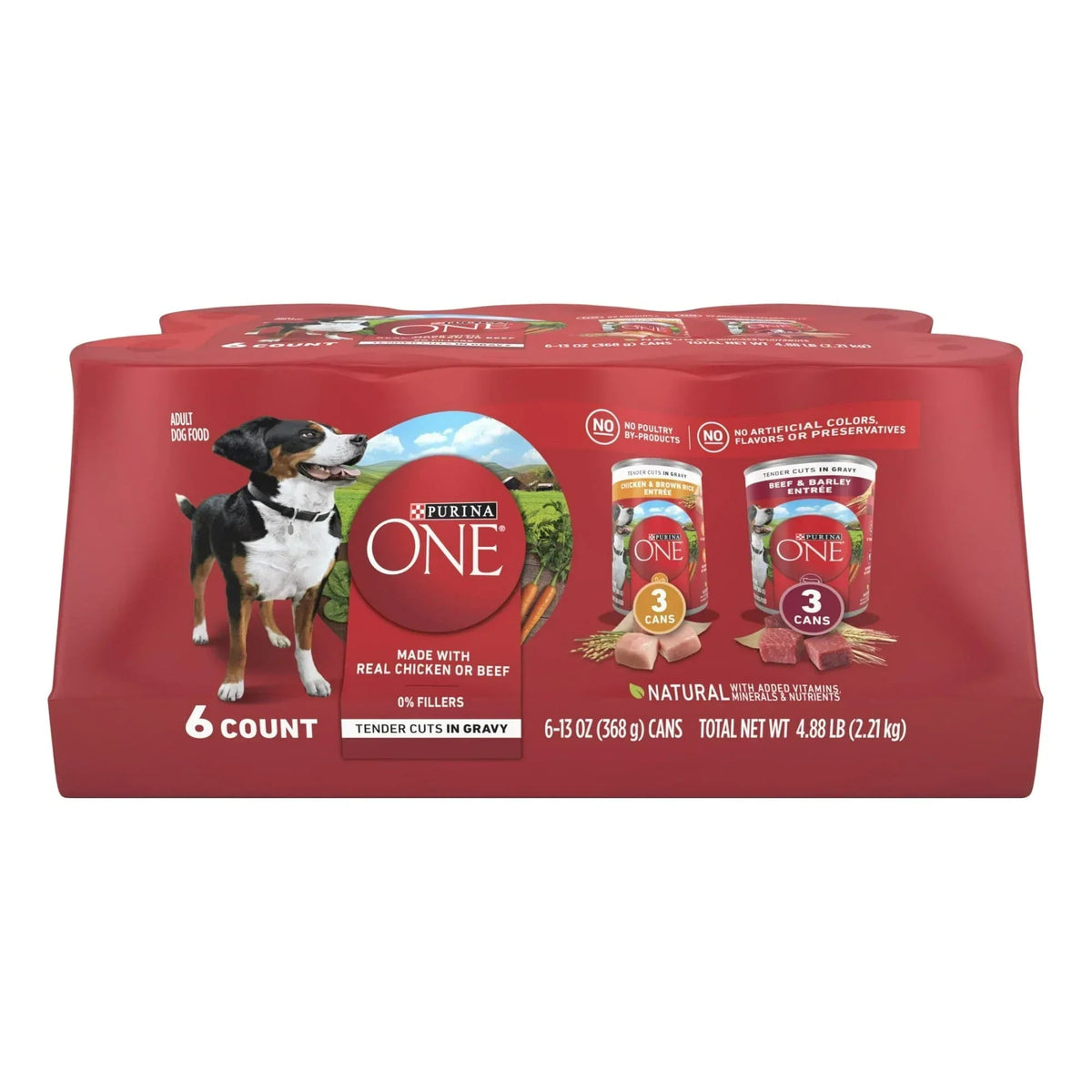 Purina ONE Tender Cuts in Gravy Chicken and Brown Rice, and Beef and Barley Entrees Wet Dog Food Variety Pack, 13 oz Cans (6 Pack)