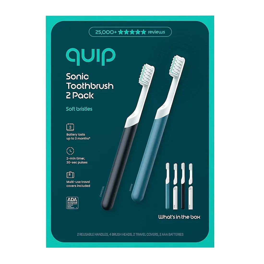 quip Sonic Electric Toothbrushes, Marine and Charcoal, with 4 Replacement Brush Heads, 2 pk.