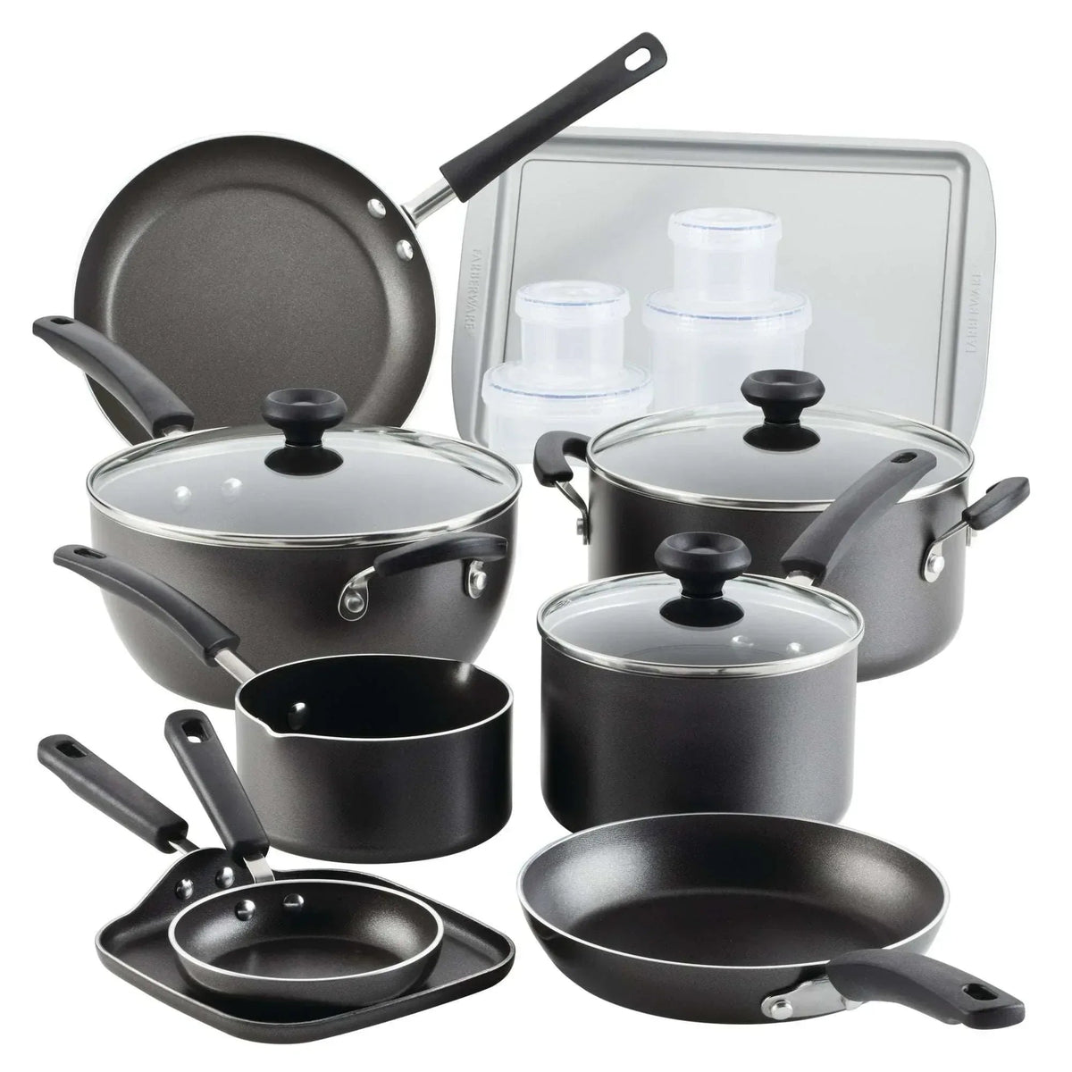 Farberware Easy Clean 20 Pcs Nonstick Cookware Set and Glass Lids with Cooking Tools and Food Storage Containers, Dishwasher Safe