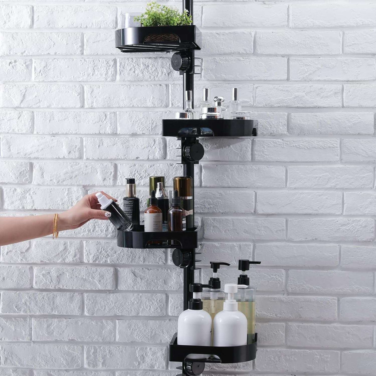 shuang qing 360°  Corner Shower Caddy Tension Pole Organizer - 4-Tier Adjustable Rustproof Metal Pole, Plastic Shelves with Safety Guardrail, Bathroom Storage for Shower & Bathtub