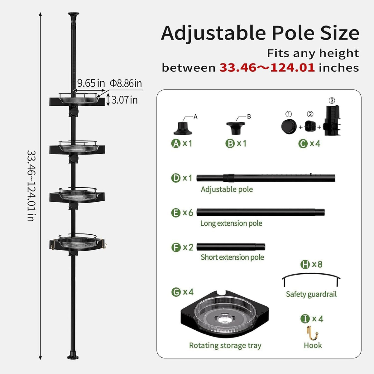 shuang qing 360°  Corner Shower Caddy Tension Pole Organizer - 4-Tier Adjustable Rustproof Metal Pole, Plastic Shelves with Safety Guardrail, Bathroom Storage for Shower & Bathtub