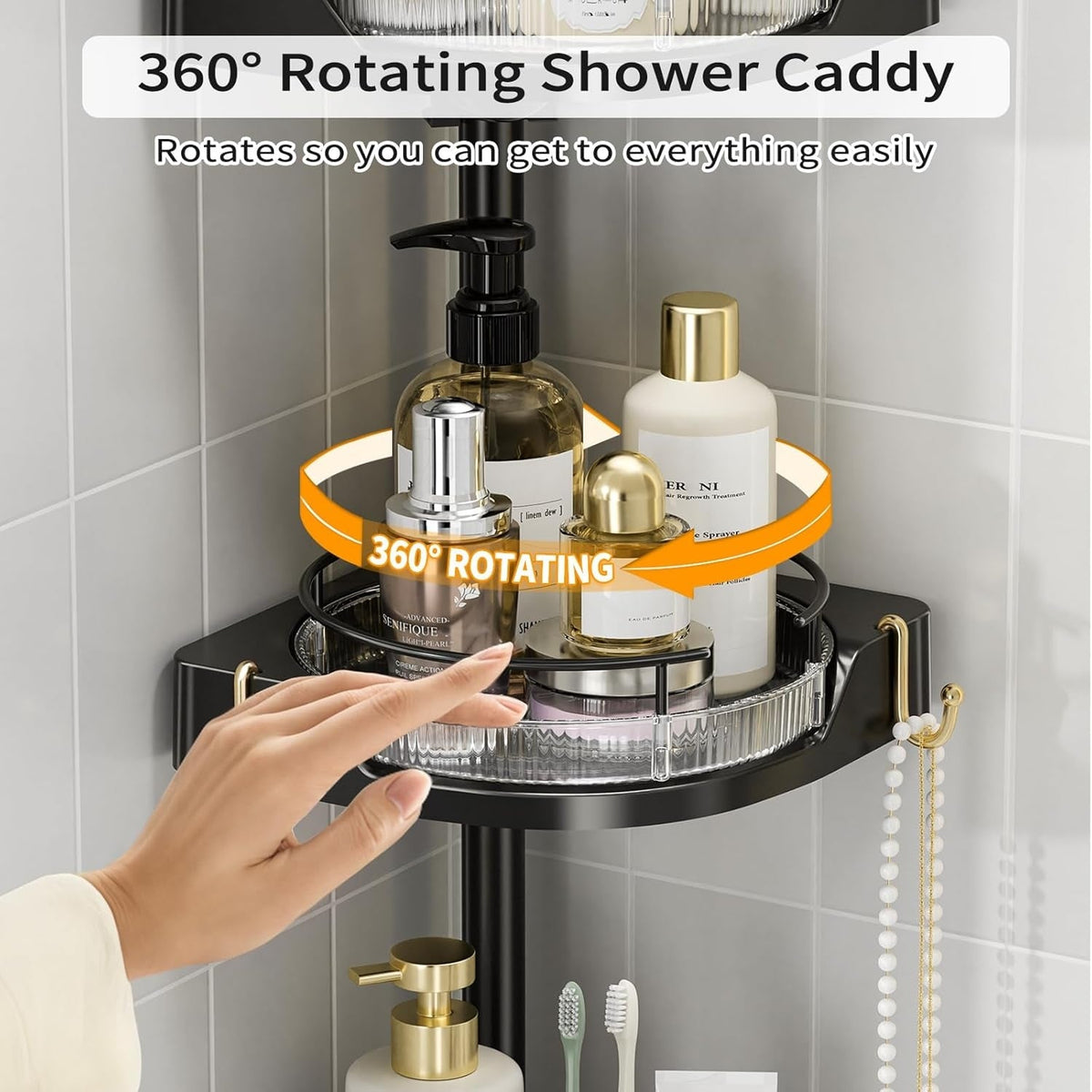 shuang qing 360°  Corner Shower Caddy Tension Pole Organizer - 4-Tier Adjustable Rustproof Metal Pole, Plastic Shelves with Safety Guardrail, Bathroom Storage for Shower & Bathtub