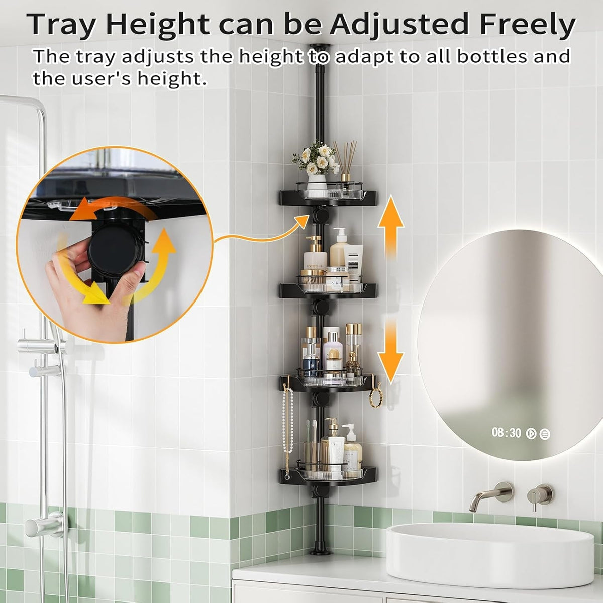 shuang qing 360°  Corner Shower Caddy Tension Pole Organizer - 4-Tier Adjustable Rustproof Metal Pole, Plastic Shelves with Safety Guardrail, Bathroom Storage for Shower & Bathtub